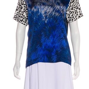 Blue Animal-Print Short Sleeve Tee with Contrast Sleeves